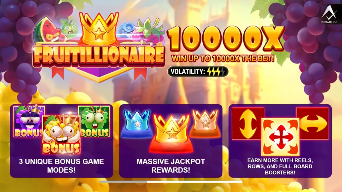 Tampilan visual slot Fruitillionaire dengan karakter buah yang marah dan latar belakang kerajaan.