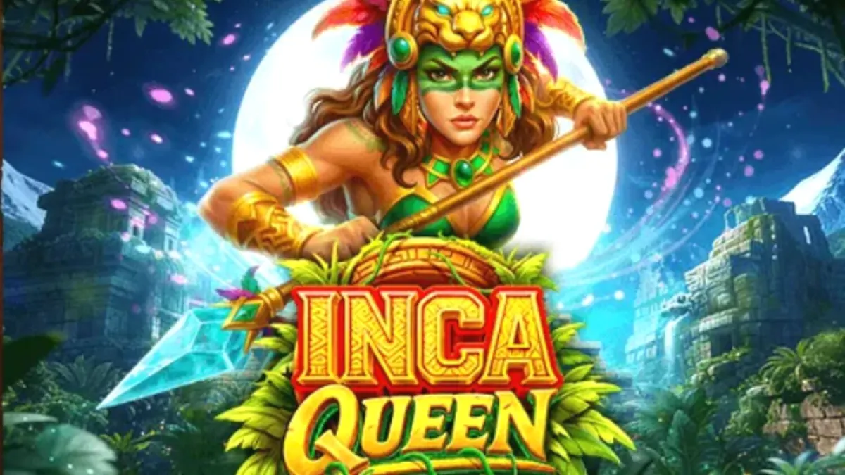 Pemandangan visual slot Inca Queen dengan latar belakang kuil Inka dan pegunungan.