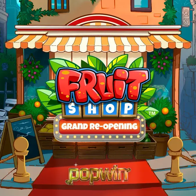 Tampilan visual slot Fruit Shop Grand Re-Opening dengan simbol buah klasik dan elemen modern